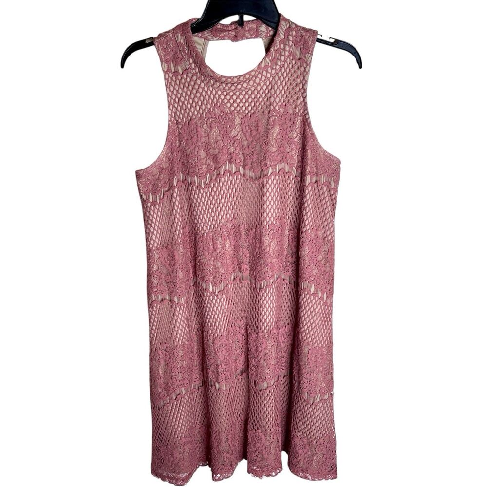 Dina Be Crochet Sleeveless Dress Sz  L  Rose Beige Lining  Keyhole Back Button